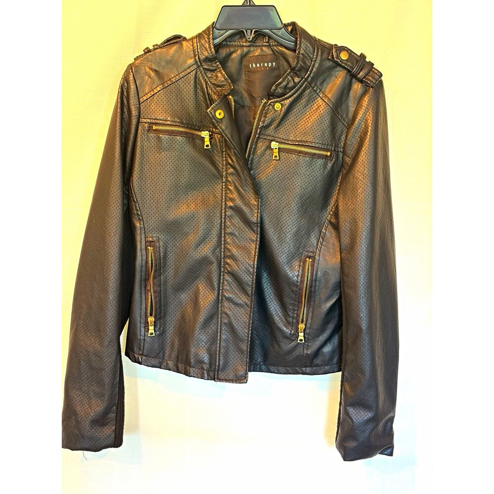 Therapy Women’s Black Solid Zip Moto Jacket Lined Long Sleeve Size L